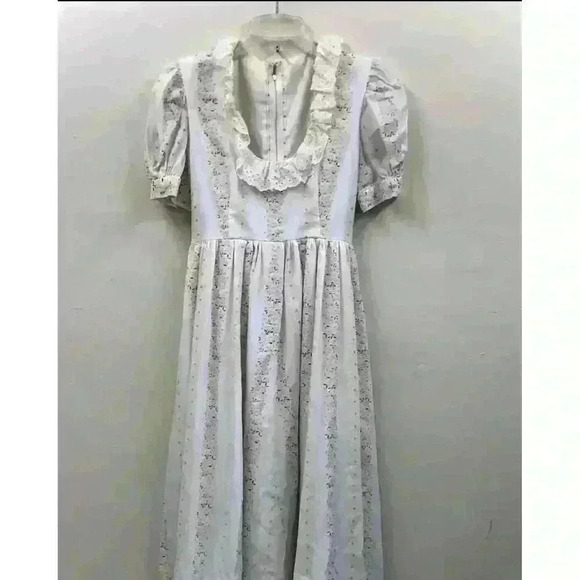 Vintage Homespun Gunne Sax Style 1970s Striped Cottagecore Floral Prairie Dress - Picture 2 of 16